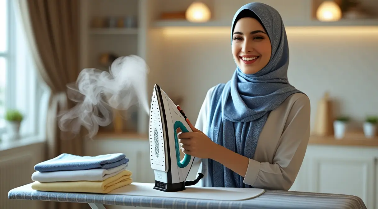 یک فرد خانوم خوشحال در حال استفاده از اتو و رضایت خرید از اپ بازا 